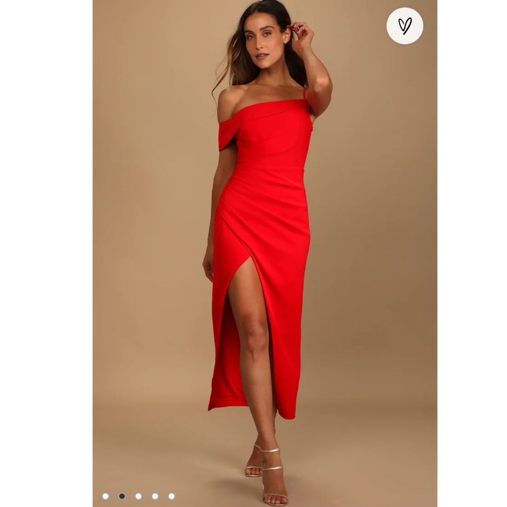 Red one shoulder slit midi dress